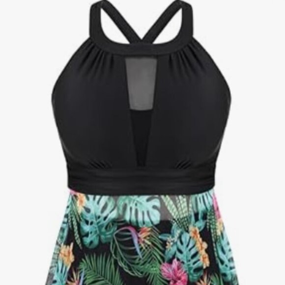 Nleyook Plus Size 22 Swimsuit (no shorts) Black/palm) High Neck. - Picture 8 of 10